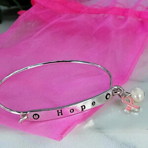 Breast Cancer Hope Bracelet Pink Ribbon & Freshwater Pearl Charms Silver…